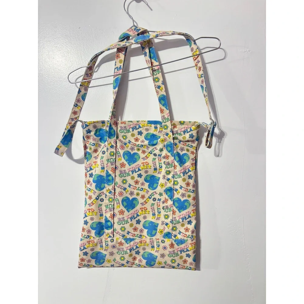 Be Kind to Our Planet Canvas Tote Bag Crossbody Cream Multicolor Eco Friendly